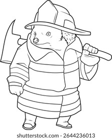 Hedgehog Firefighter Axe Fire department Animal Vector Graphic Art Illustration