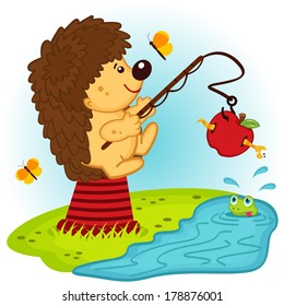 hedgehog fishing - vector  illustration 