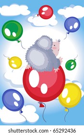 Hedgehog flies at the balloon in sky