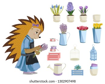 Hedgehog florist. Set. Vector illustration. Isolated on a white background.