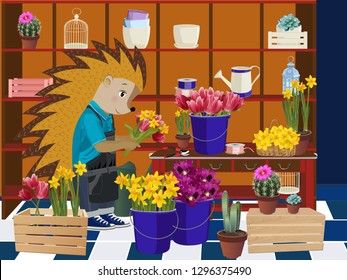 Hedgehog-Florist. Vektorillustration. Einzeln auf weißem Hintergrund.