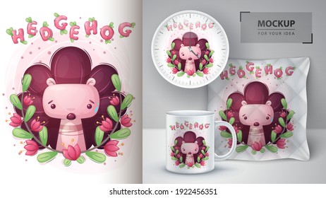 Hedgehog in flower poster and merchandising. Vector eps 10