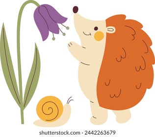 Hedgehog With Flower And Snail Vector Illustration