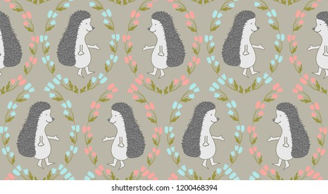 hedgehog and flowers kids print seamless pattern vector art