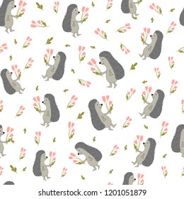 hedgehog and flowers kids print seamless pattern vector art