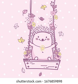 hedgehog with flowers on a swing on a pink polka dot background.  Print for clothes, poster.
