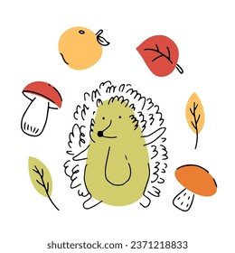 Hedgehog, foliage, mushrooms on white background