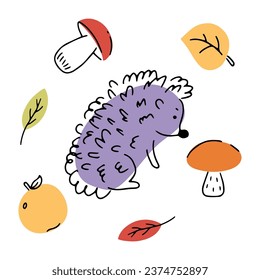 Hedgehog, foliage, mushrooms on white background