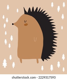 Hedgehog in the Forest. Abstract Childish Drawing Style Vector Illustartion with Hand Drawn Hedgehog  Standing Among Trees on a Beige Background. Woodland Print ideal for Card, Wall Art, Poster.	