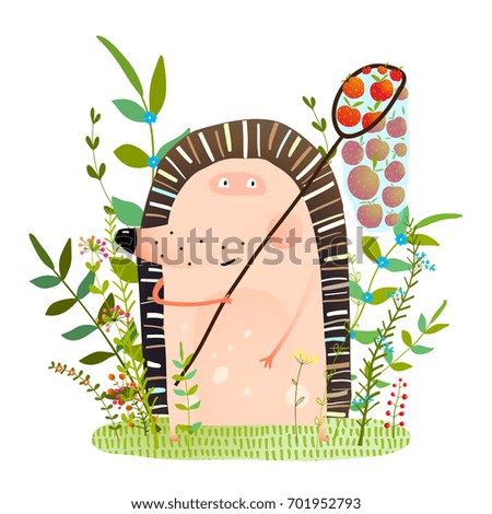Hedgehog in Forest with Apple in Net. Adorable little animal in the wild gathering apples. Vector illustration.