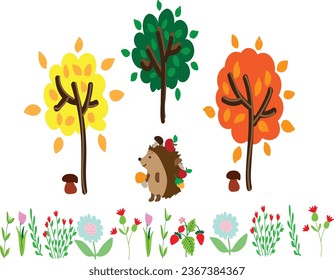 hedgehog in the forest, autumn, 3 trees of orange, yellow and green colors, hedgehog with fruits and berries on his back, flowers and berries. Vector illustration.