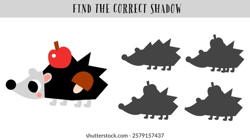 Hedgehog forest cute correct match shadow puzzle game education printable page. nursery childish activity playful minimalist animal.