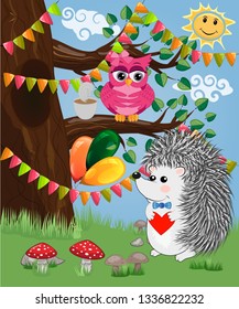 The hedgehog in the forest glade. The concept of art, love. Owl on a tree branch