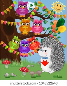 The hedgehog in the forest glade. The concept of art, love. Owl on a tree branch