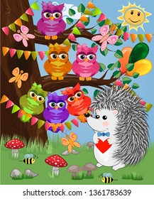 The hedgehog in the forest glade. The concept of art, love. Owl on a tree branch