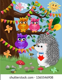 The hedgehog in the forest glade. The concept of art, love. Owl on a tree branch