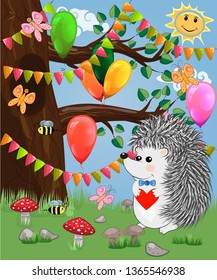 The hedgehog in the forest glade. The concept of art, love.
