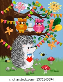 The hedgehog in the forest glade. The concept of art, love. Owl on a tree branch