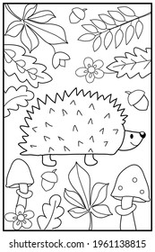 Hedgehog in forest. Hand drawn coloring for kids and adults. Beautiful simple drawings with patterns. Coloring book pictures with animals. Vector