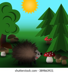 Hedgehog in the forest. Mushrooms are growing under the trees. Vector illustration, card template.