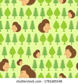 Hedgehog in forest pattern seamless. Little urchin background. Baby fabric ornament