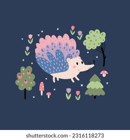 Hedgehog and forest plants composition isolated on a blue background. Hand drawn vector illustration.