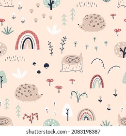 Hedgehog in the forest with rainbows seamless pattern. Autumn illustration in simple hand drawn scandinavian style. The limited pastel palette is ideal for printing baby clothes, fabrics, textiles