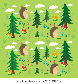 hedgehog forest summer print