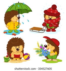 hedgehog and the four seasons - vector illustration, eps