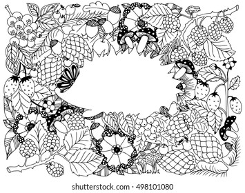 Hedgehog in frame. Vector image in black and white.
