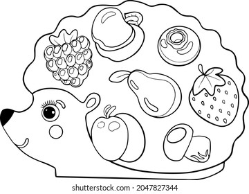 A hedgehog with fruit on its back.For postcards and coloring books.Vector illustration drawn by hand