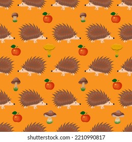hedgehog and fruits, seamless pattern, vector illustration