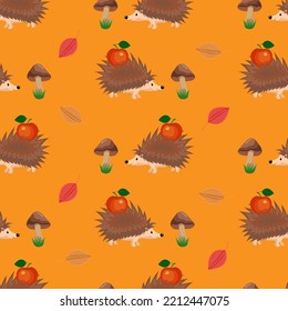 hedgehog and fruits, seamless pattern, vector illustration