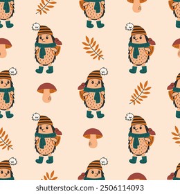 Hedgehog and Fungi Fall Seamless Pattern. Cozy Autumn Background with Wildlife Animal leaves and mushrooms. Childish Forest Character and Leaf. Vector illustration