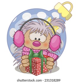 Hedgehog in a fur headphones with gift 