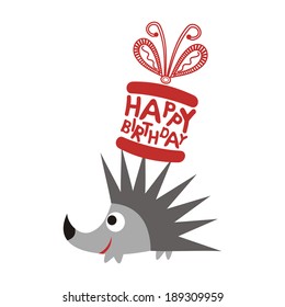 Hedgehog with gift happy birthday greeting card vector illustration