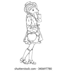 hedgehog girl hipster with apple bag, fashion animal illustration