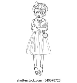 hedgehog girl hipster in dress, fashion animal illustration