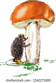 Hedgehog girl with white mushroom watercolour illustration