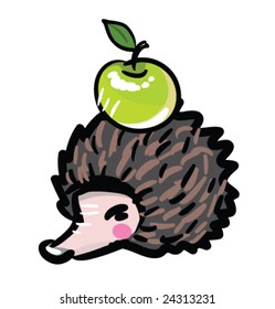 Hedgehog with a green apple on a back. vector illustration