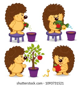 hedgehog grow  tree with apple - vector illustration, eps
