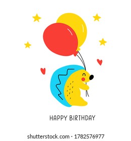 Hedgehog. Happy birthday. Illustration on white background for greeting card, textile t shirt, print,