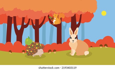 hedgehog and hare in autumn forest