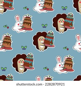 Hedgehog und Hasen mit Kuchenmuster, Geburtstag, Tiere, Gebäck, Süßigkeiten, Hedgehog und Hasen tragen einen Kuchen, Cartoon, Hintergrund, nahtloses Bild