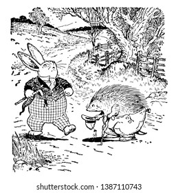 Hedgehog and Hare, this scene shows a hedgehog bowed down and greets a snobby hare, hedgehog holding stick and hat, Hare dressed up and walking, trees in background, vintage line drawing or engraving