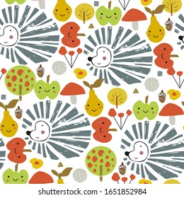 Hedgehog with harvest on the back. Childish cute cartoon illustration. Seamless pattern. Abstract autumn poster