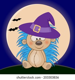 Hedgehog in hat on the background of the moon