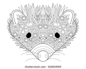 Hedgehog head coloring book for adults vector illustration. Anti-stress coloring for adult. Zentangle style. Black and white lines. Lace pattern