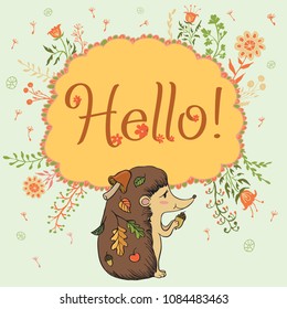 
Hedgehog hi text vector illustration flowers frame freehand drawing