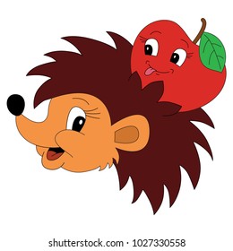 Hedgehog and His Apple Face Cartoon, The Beautiful Outlined Illustration With Thin Line Black Stroke
